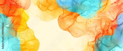 Alcohol ink background with color smoke design elements, luxury hand painted artwork, strong orange and blue turqoise accent, original wallpaper, elegant decoration, soft orange canvas 