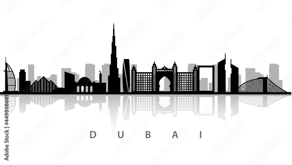 Dubai skyline on white background. beautiful urban landscape, Burj Al Arab, Burj Khalifa, Infinity Tower, Jumeirah Beach Hotel, Atlantis The Palm Hotel, Raffles Dubai