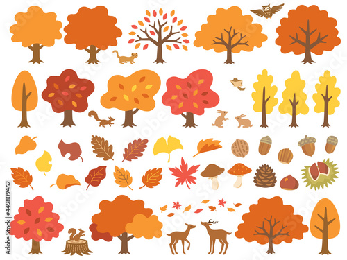 紅葉した木と森の動物達のイラストセット
