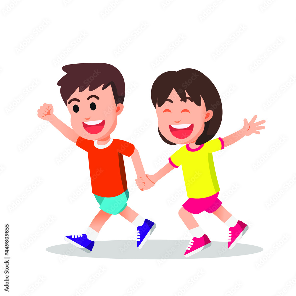 little boy and girl running together holding hands