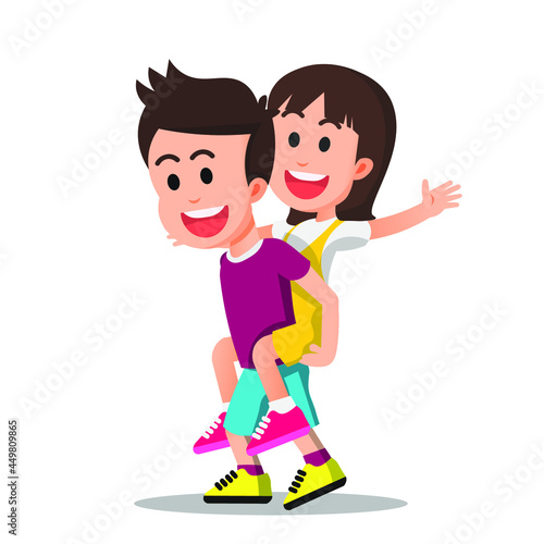 happy boy gives a piggyback to his friend
