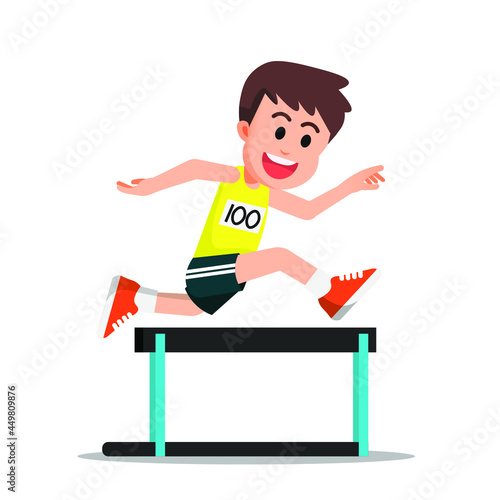 a cheerful boy doing hurdling