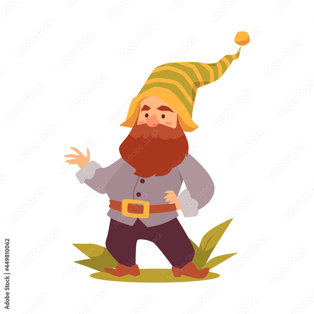 Naklejka premium Cute funny bearded forest gnome or dwarf, flat vector illustration isolated.