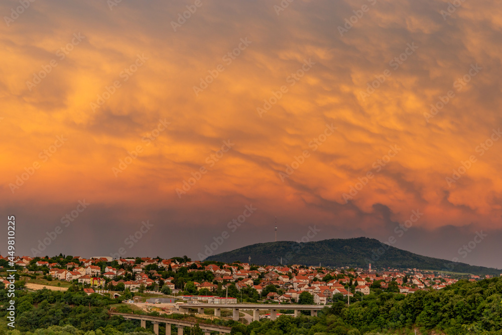 Sunset mammatus clouds after a storm. Serbia