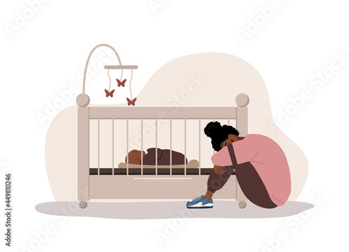 Postpartum depression. African tired woman sitting on the floor, crying and hugging her knees. Young mother needs psychological help. Mood disorder. Vector illustration in flat cartoon style.