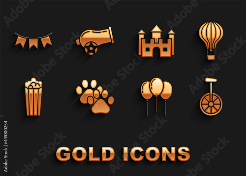 Set Paw print, Hot air balloon, Unicycle or one wheel bicycle, Balloons with ribbon, Popcorn cardboard box, Castle, Carnival garland flags and Cannon icon. Vector