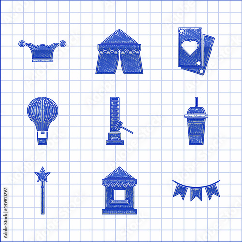 Set High striker attraction with big hammer, Ticket box office, Carnival garland flags, Paper glass drinking straw water, Magic wand, Hot air balloon, Playing card and Jester hat bells icon. Vector