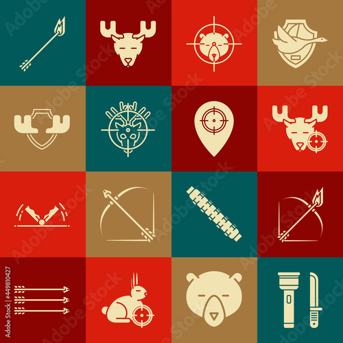 Set Flashlight and knife, Bow fire arrow, Hunt on moose with crosshairs, bear, deer, Moose horns shield, Flame and place icon. Vector