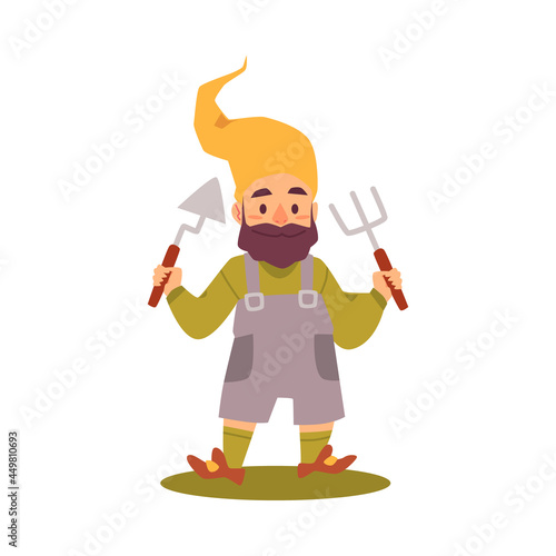 Cute garden bearded cartoon gnome or elf is holding shovel and rake in flat