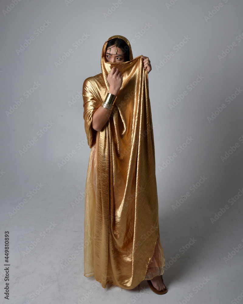 Full length portrait of pretty young asian woman wearing golden Arabian ...
