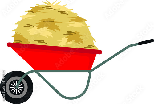 Hay, wheelbarrow, grass pitchfork. Flat design.