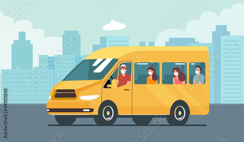 Van car with passengers against the background of an abstract cityscape. Vector illustration.
