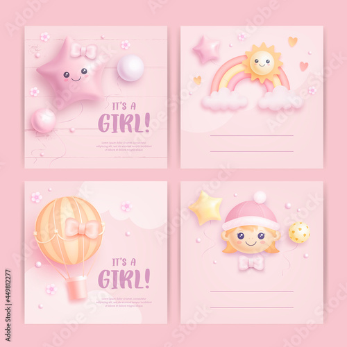 Set of baby shower invitation with cartoon air balloon, rainbow, sun and flowers on pink background. It's a girl. Vector illustration