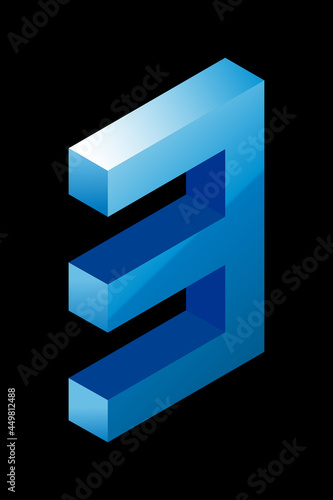 Gradient blue number 3 in isometric style. Isolated on black background. Water texture