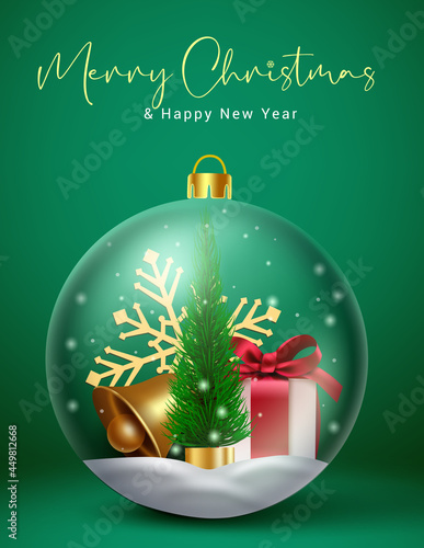 Christmas crystal ball vector concept design. Merry christmas text with 3d crystal ball, gift, bell and snowflakes element for xmas holiday season decoration. Vector illustration
