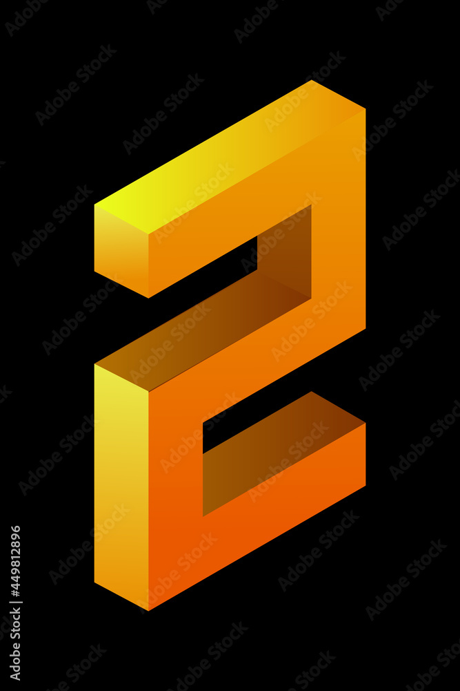 Gradient golden number 2 in isometric style. Yellow figure isolated on black background. Learning numbers, price, place. Gradient golden number 2 in isometric style. Yellow figure isolated on black background. Learning numbers, price, place.