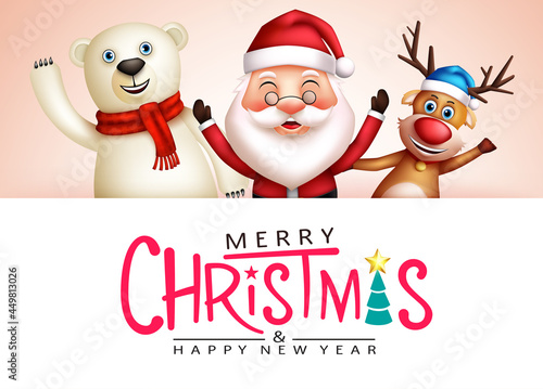 Christmas vector template design. Merry christmas text with jolly santa claus, reindeer and polar bear xmas characters for holiday season greeting card. Vector illustration  © ZeinousGDS