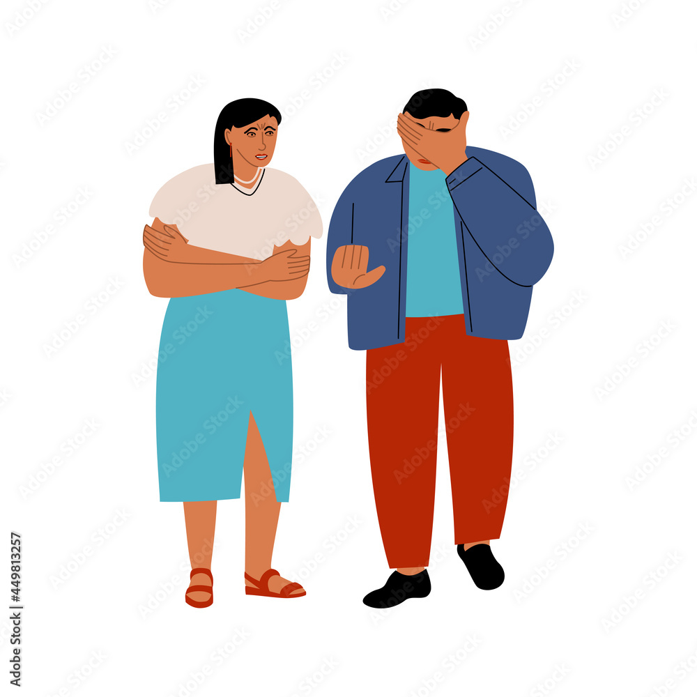 A sad woman and a man during the conflict. A married couple is having disagreements. Vector flat illustration with quarrel people A sad woman and a man during the conflict. A married couple is having disagreements. Vector flat illustration with quarrel people