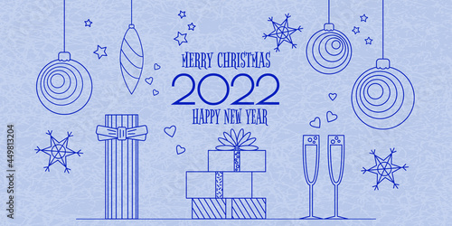 Merry Christmas and Happy New Year 2022. Vector illustration with the image of Christmas balls, gifts, champagne glasses, numbers and congratulations on a light background. Style of minimalism outline photo