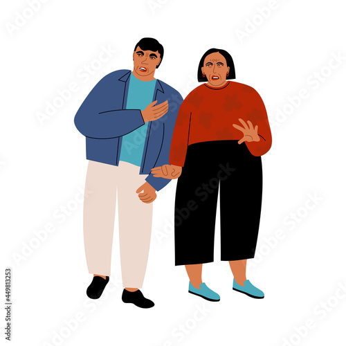 A couple of scared people. Man and woman expressing fear on their faces. Vector flat illustration with afraid characters