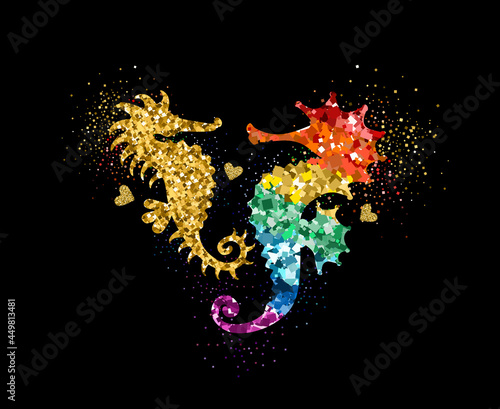 Rainbow and gold colors glittering seahorses with hearts and glitter glow. Beautiful colorful silhouettes on black for Valentines day, wedding, kids, label, banner, LGBT symbol. Vector illustration.