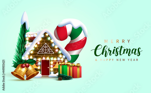 Christmas vector background design. Merry christmas greeting text with xmas miniature house, candy cane and pine tree elements for holiday season celebration. Vector illustration 