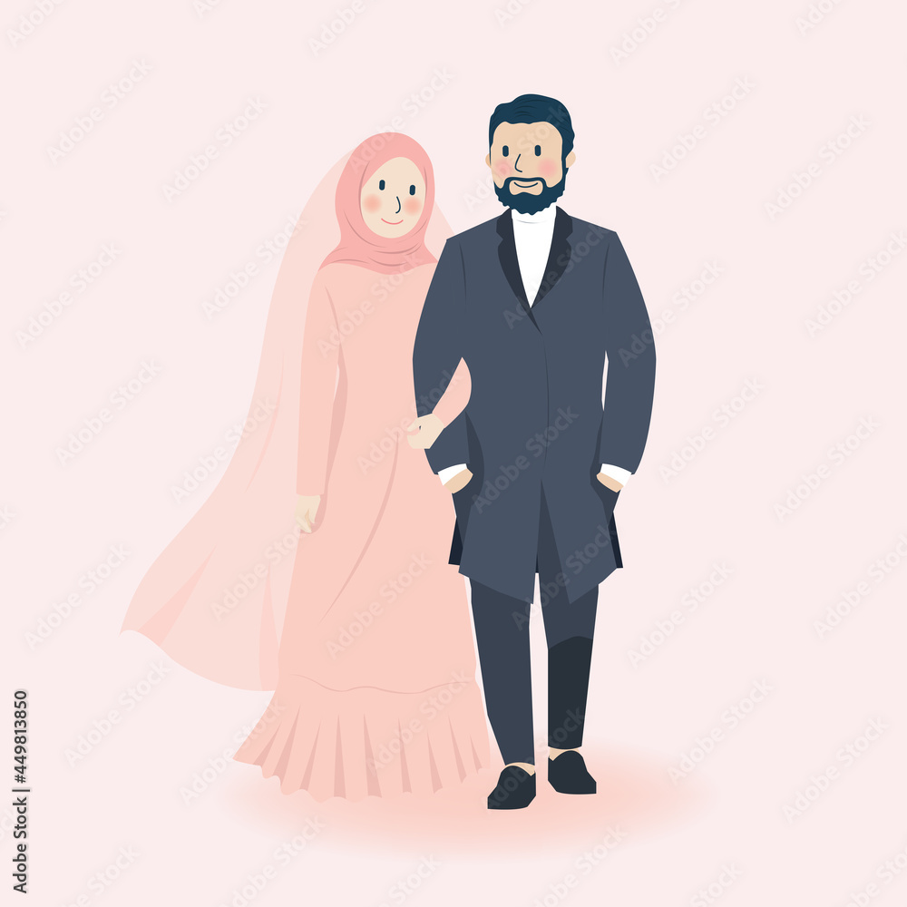 Cute Romantic Muslim Wedding Couple Holding Hands and Smiling