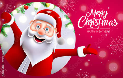 Merry christmas greeting vector design. Merry christmas text with happy and jolly santa claus character in red background for xmas celebration. Vector illustration
