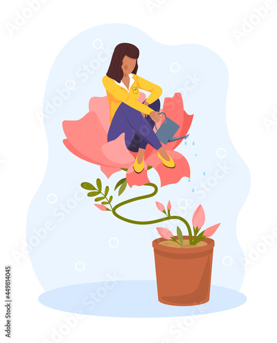 Personal growth, self-improvement, career progress performance, tiny cute woman watering herself. Flat abstract metaphor cartoon vector illustration concept design banner isolated on white background