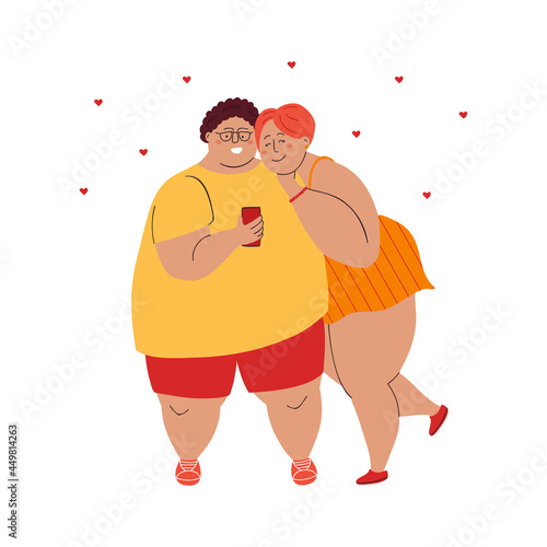 Happy plus size woman and man are taking selfie. Smiling overweight couple in love. Body positive young people. Vector hand drawn flat illustration