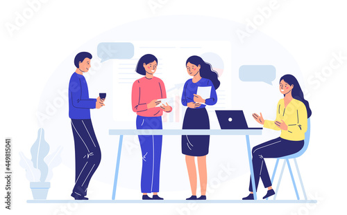A team of young workers take a short break during the working day, spend time together, have a cup of coffee or tea, chat and smile.