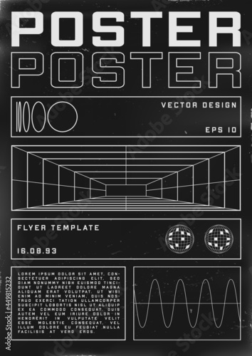 Retrofuturistic poster design with perspective grid tunnel. Cyberpunk 80s style poster with retrofuturistic shapes. Shabby scratched flyer template for your design. Vector