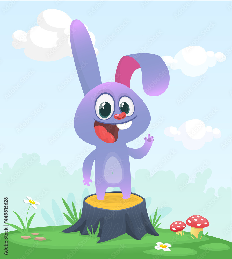 Fototapeta premium Cartoon funny and happy rabbit standing on the summer meadow on the tree stump. Vector illustration of easter bunny hare