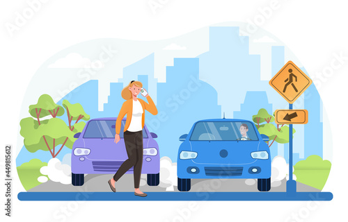 Pedestrian cross road near permitting pedestrian crossing sign get stuck in phone, observance of traffic rules, emergency braking. Flat cartoon vector concept design isolated on white background