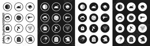 Set Planet, Astronaut helmet, Earth structure, Ray gun, with flag, Black hole and Alien icon. Vector