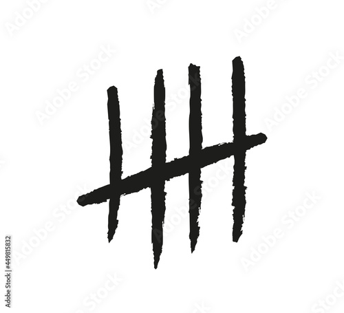 Tally mark. Number 5. Hand drawn lines or sticks sorted by four and crossed out. Simple mathematical count visualization, prison or jail wall counter. Vector illustration isolated on white background.