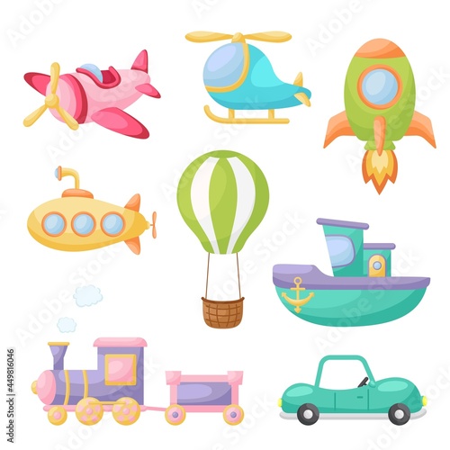 Set of cute cartoon transport. Collection of vehicles for design of kids rooms, clothing, album, card, baby shower, birthday invitation, house interior. Bright colored childish vector illustration.