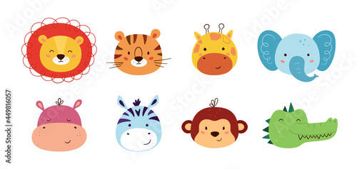 Cute animal kawaii characters. Funny lion, tiger, giraffe, elephant, monkey, hippo, zebra and crocodile. The faces of wild animals. Vector illustration isolated on white background.