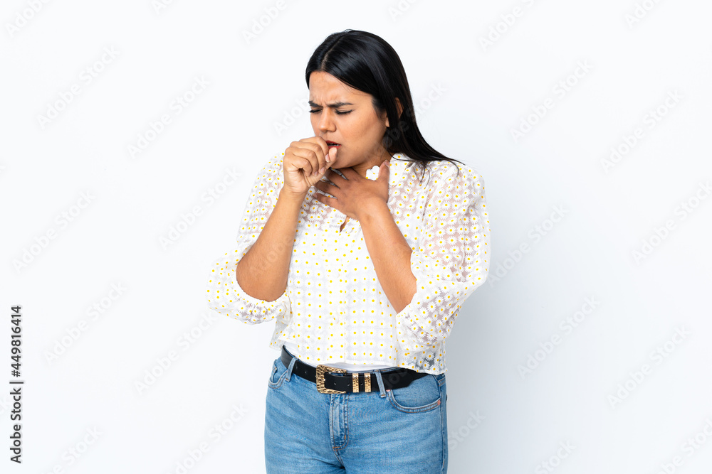 Young latin woman woman isolated on white background coughing a lot Young latin woman woman isolated on white background coughing a lot