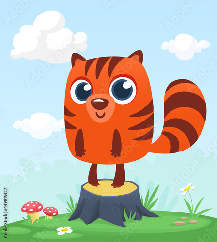 Cartoon funny and happy chipmunk or hamster standing on the summer meadow on the tree stump. Vector illustration