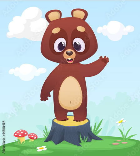 Cartoon funny and happy bear standing on the summer meadow on the tree stump. Vector illustration