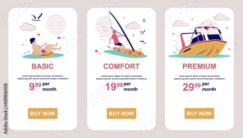 Pricing or subscription plans. Price list. Mobile app screens, vector website banner template. UI, web site design.
