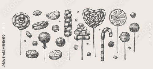 Large set of hand-drawn caramel sweets. Lollipops and caramels on a light background. Confectionery products vector illustration. Can be used for your design.