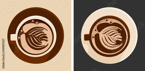 Coffee top view set of two mugs on a dark and light background. For use in printing on fabric postcards, posters. Vector illustration