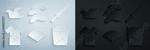 Set Paper chinese or japanese folding fan, Traditional Japanese katana, costume Kimono, Rstaurant opened take out box filled, Chinese fortune cookie and Origami bird icon. Vector