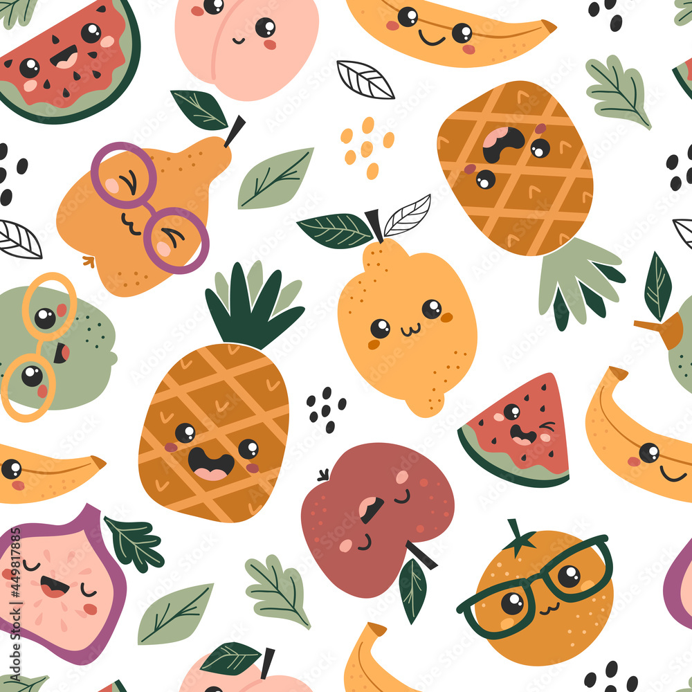Seamless pattern with cute kawaii fruits.