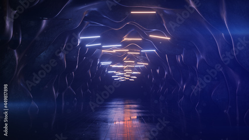 Empty corridor with blue fluorescent lamps 3D rendering