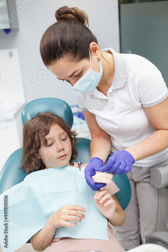 Vertical shot of a female dentist educating her young patient