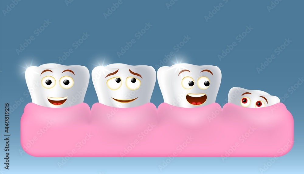 Obraz premium Growing up new tooth character, vector illustration. Children dentistry, dental health, oral hygiene.