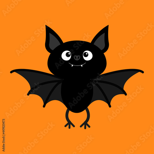Cute flying bat. Happy Halloween. Cartoon kawaii funny baby animal charater. Greeting card. Flat design. Orange background. Isolated.